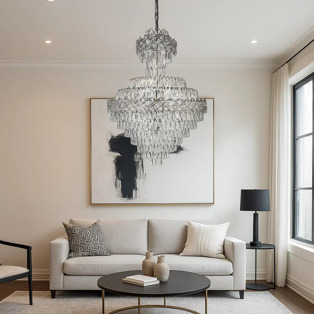 Candelabru cristal rotunda crom Ø800 H1100 in living pe doua niveluri, 22 E27, iluminare intensa premium