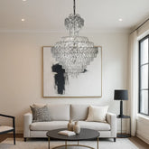 Candelabru cristal rotunda crom Ø800 H1100 in living pe doua niveluri, 22 E27, iluminare intensa premium