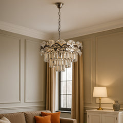 Candelabru rotund crom cu 10 becuri E27 in living spatios elegant, diametru 500 mm, lumina puternica si design rafinat