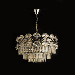 Candelabru rotund crom cu 10 becuri E27 in dormitor mare elegant, diametru 500 mm, lumina echilibrata si stil modern clasic