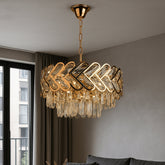 Candelabru auriu modern cu 6 surse E27 si elemente transparente, design elegant, iluminare decorativa pentru living spatios