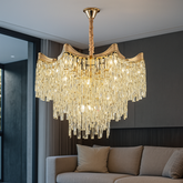 Candelabru rotund auriu 5520/600FG cu 10 becuri E27 in living spatios, elemente transparente, lumina calda difuza, montaj pe tavan