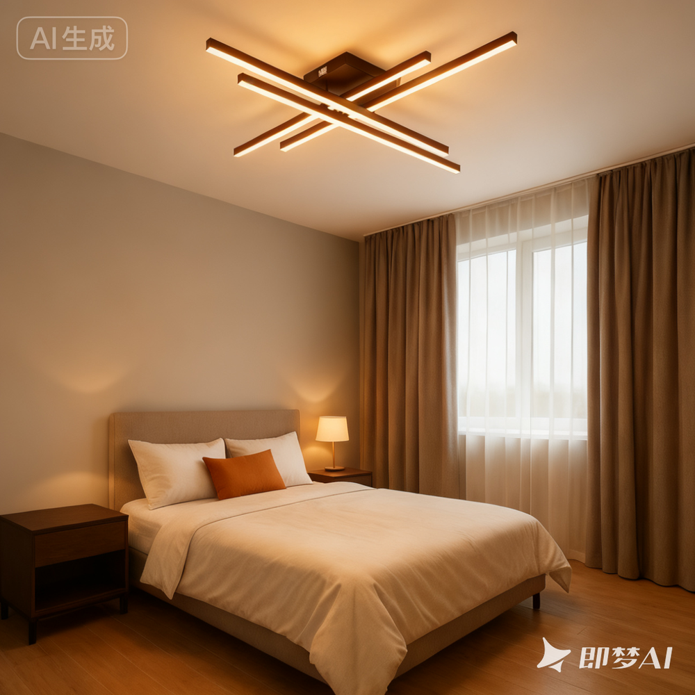 Lustra LED 9794/4BK neagra, 4 brate moderne si control prin telecomanda, iluminand un dormitor contemporan.