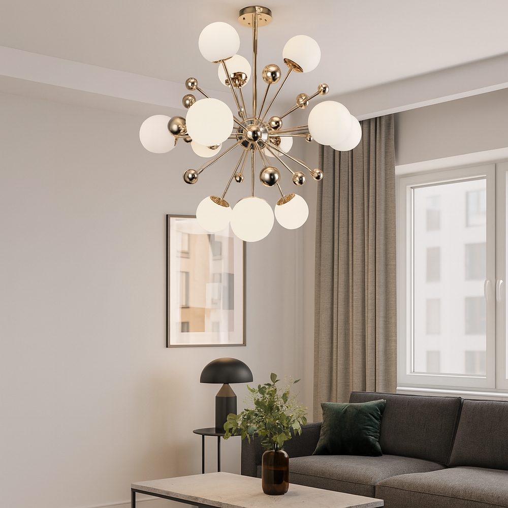 Lustra decorativa H98182/12 FGD aurie cu cristale bagheta si 12 becuri E27, iluminand un living elegant cu efect vizual spectaculos.
