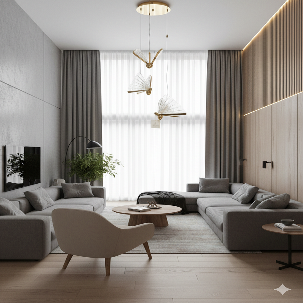 Lustra LED fluture 36W din metal auriu si sticla, cu lumina calda neutra rece, montata in living modern pentru un efect decorativ elegant