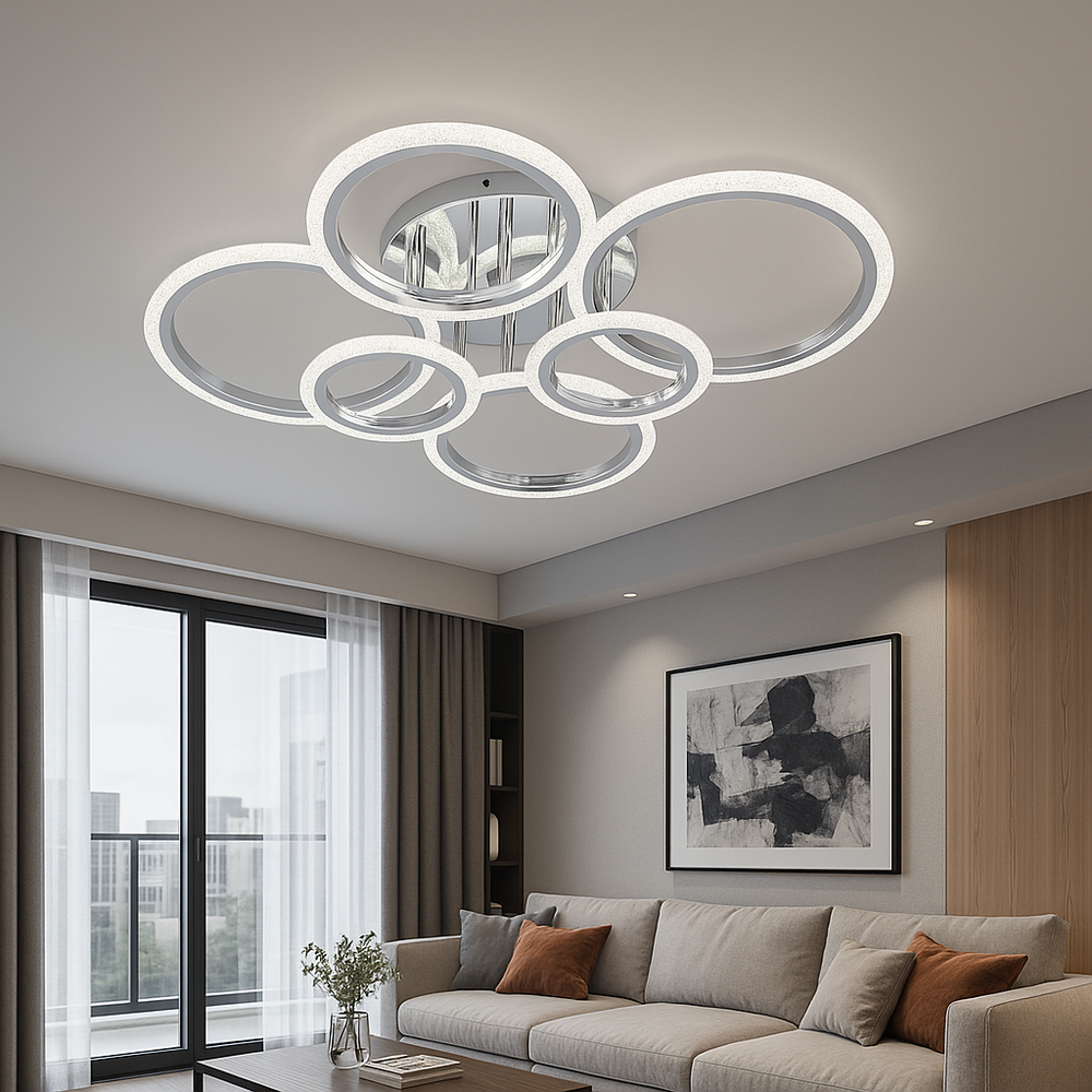 Lustra LED 26056/2+2+2CR 132W cu lumina reglabila 3000–6500K si telecomanda, ideala pentru livinguri moderne ce necesita iluminare eficienta si finisaj crom-auriu.