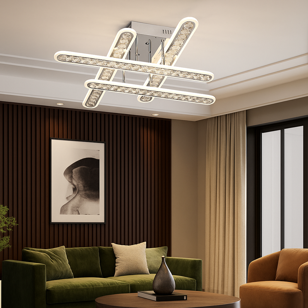 Lustra LED geometrica 200W cu efecte RGB si lumina reglabila 3500K-6500K cu telecomanda, montata in living modern pentru iluminare dinamica si eleganta