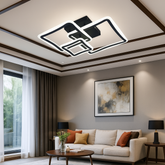 Lustra LED geometrica 120W cu 3 forme patrate si lumina reglabila 3000K-6500K cu telecomanda, montata in living modern pentru iluminare eleganta si puternica