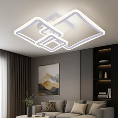 Lustra LED patrata 120W alba cu forme suprapuse si lumina reglabila 3000K-6500K cu telecomanda, montata in living modern pentru iluminare eleganta si puternica