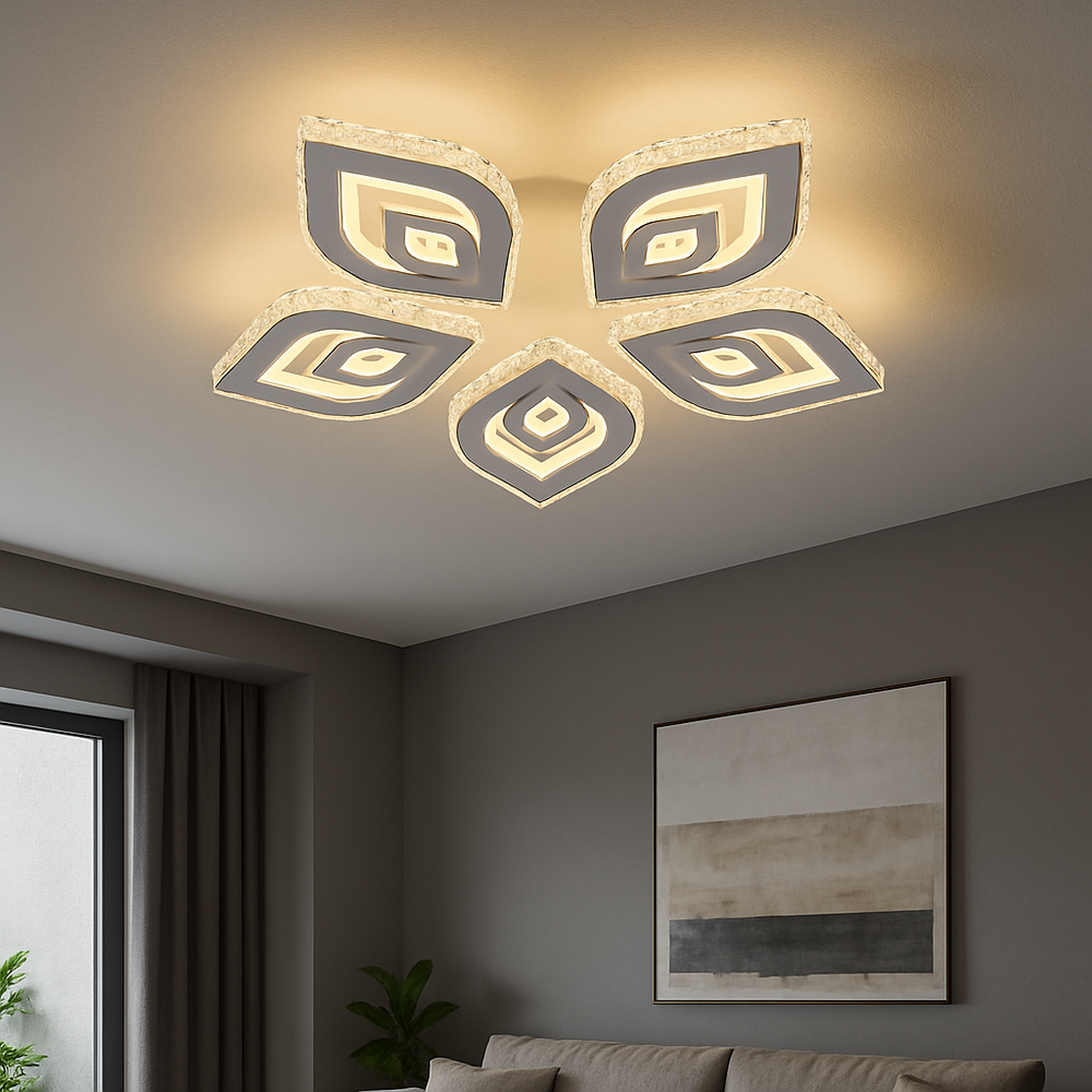 Lustra LED rotunda 170W cu margini transparente si lumina ajustabila 3000K-6500K cu telecomanda, ideala pentru dormitoare moderne cu iluminare confortabila