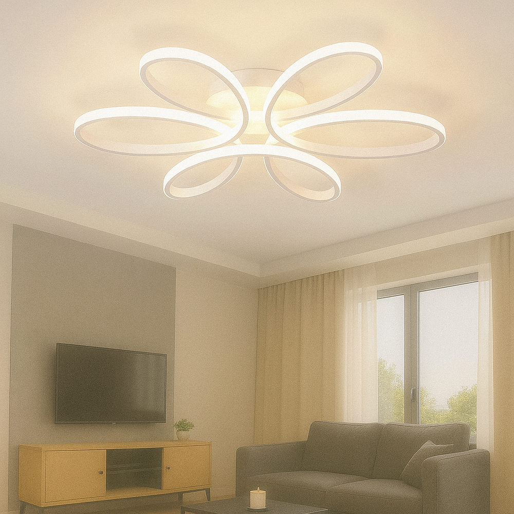 Lustra LED florala 120W alb cu lumina reglabila 2800K-6500K si telecomanda, montata in living modern ca element decorativ central