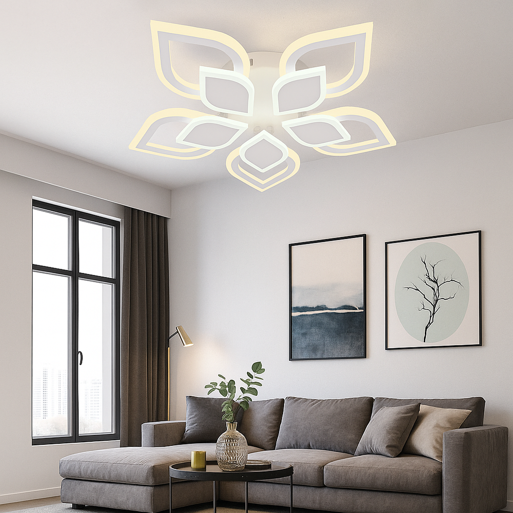 Lustra LED moderna 80W cu 5 cercuri si lumina reglabila 3000K-6500K cu telecomanda, montata in living modern pentru iluminare puternica, uniforma si eleganta