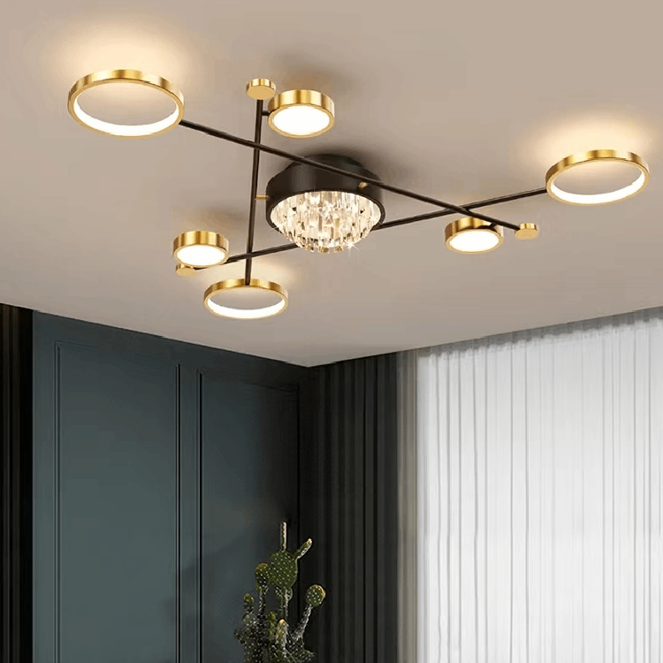 Lustra LED moderna 138W cu 7 brate si lumina reglabila 3000K-6500K cu telecomanda, montata in living mare pentru iluminare puternica, uniforma si eleganta