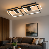 Lustra LED neagra cu lemn, design modern alungit, lumina ajustabila cu telecomanda, in living elegant