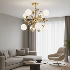 Lustra moderna H98182/8 aurie cu 8 becuri E27, design metal si sticla, iluminand un living elegant cu lumina calda si uniforma.