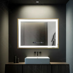 Oglinda LED 80x60 cm cu rama aurie, dezaburire si control tactil, perfecta pentru bai moderne si elegante.