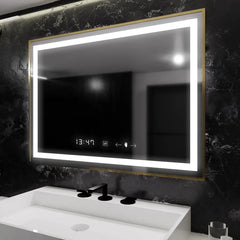 Oglinda LED 80x60 cm cu rama aurie, dezaburire si control tactil, perfecta pentru bai moderne si elegante.