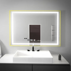 Oglinda smart 100x80 cm cu LED, dezaburire, control tactil, ceas digital si afisaj temperatura, ideala pentru bai moderne.