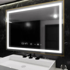 Oglinda LED 120x80 cm cu dezaburire, ceas digital, temperatura si senzor tactil, ideala pentru bai moderne.