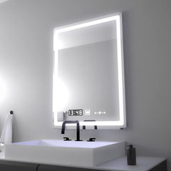 Oglinda LED 60x80 cm cu dezaburire, ceas, termometru si control tactil, ideala pentru bai moderne.