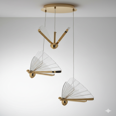 Lustra LED fluture 36W auriu cu sticla, 3 culori de lumina, ideala pentru un dormitor modern si luminos cu atmosfera eleganta