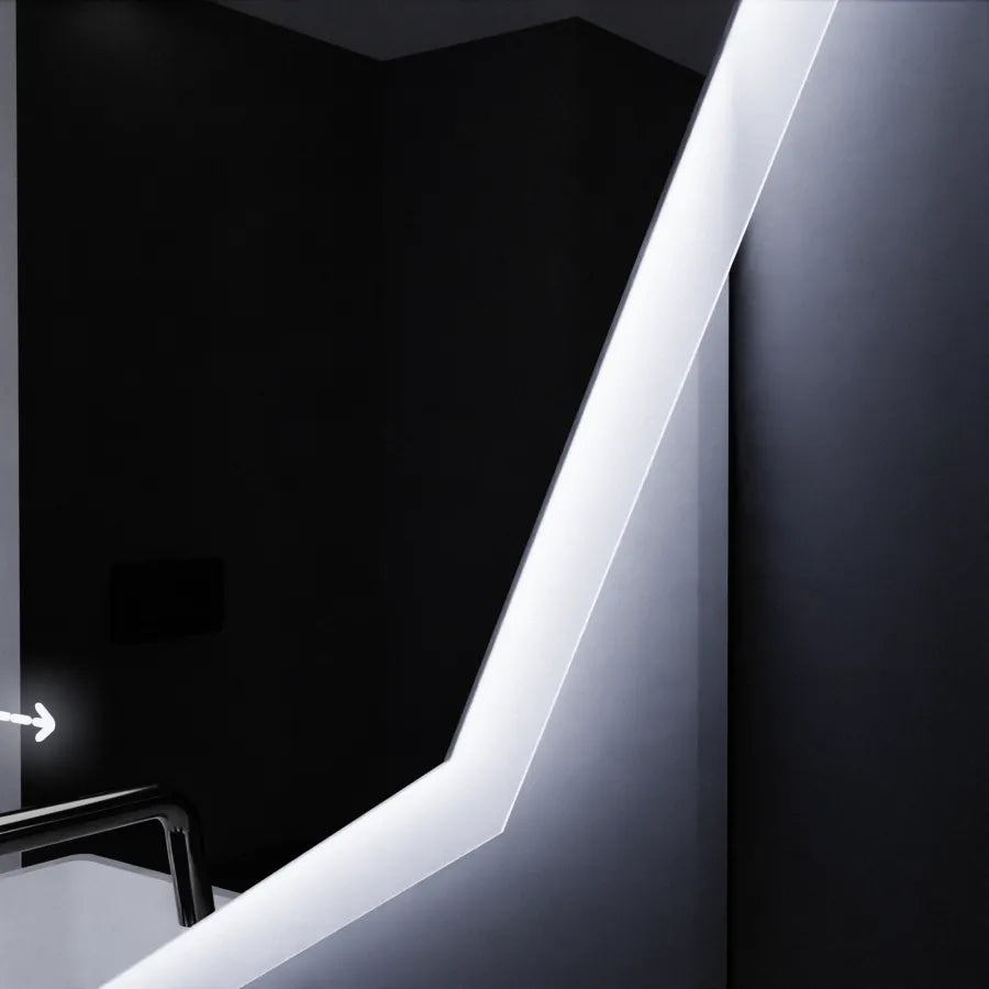 Oglinda LED octogonala 60x60 cm cu iluminare perimetrala, dezaburire, afisaj digital si control tactil pentru baie moderna.
