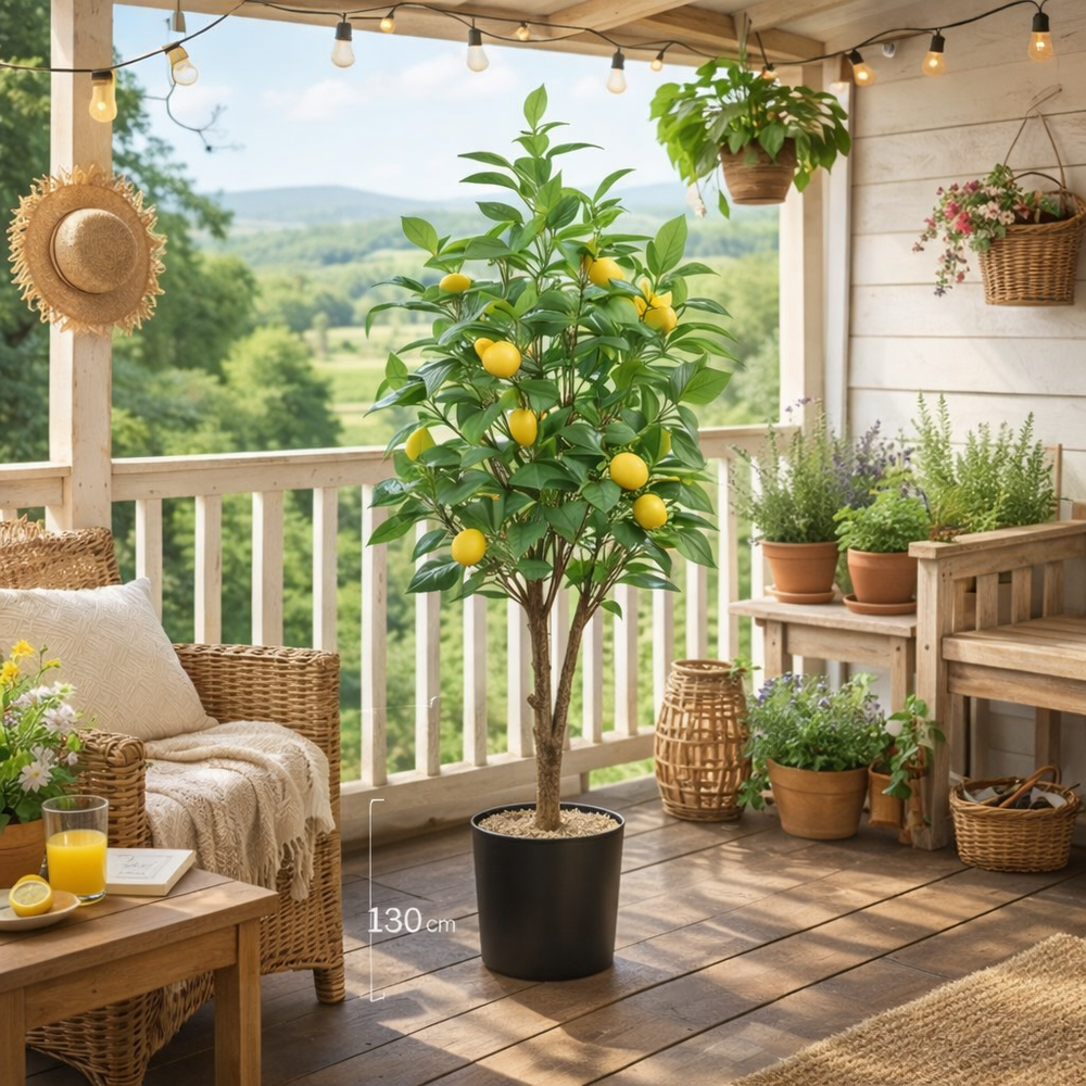 Copac artificial lamaie 130 cm cu ghiveci, decor balcon luminos, frunze dense si lamai vibrante, stil natural proaspat