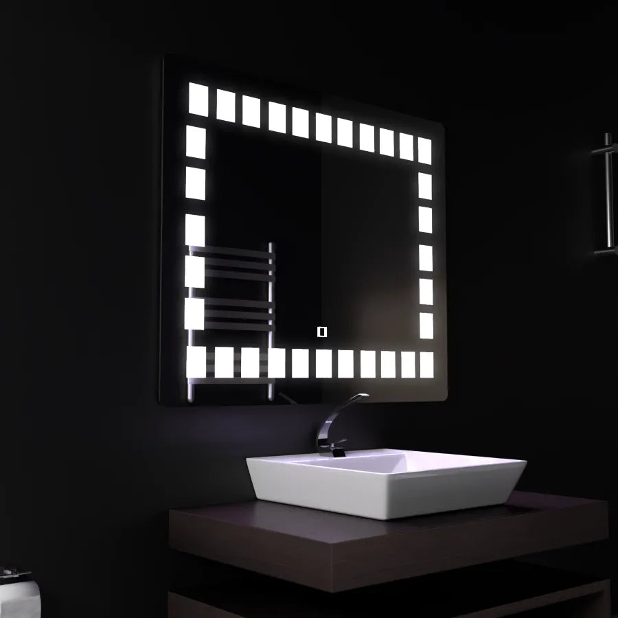 Oglinda LED 80x60 cm cu touch si lumina reglabila, design modern pentru baie, cu iluminare uniforma pe contur.
