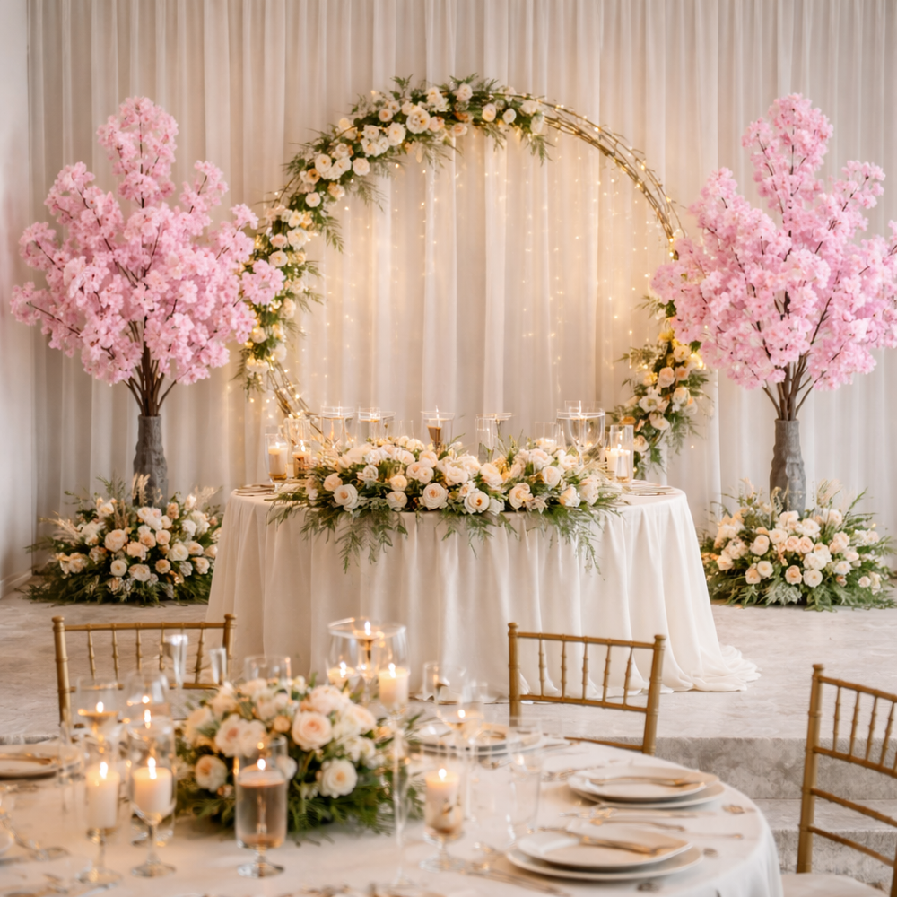 Copac artificial Sakura roz 120cm cu flori decorative, decor romantic pentru nunta, arc floral sau evenimente