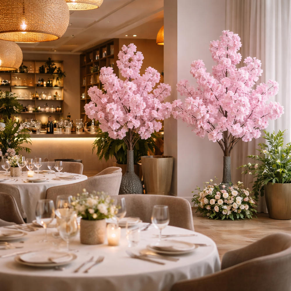 Copac artificial Sakura roz 120cm cu flori decorative, decor elegant pentru restaurant, cafenea sau lobby