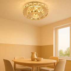 Lustra LED rotunda 46W alb cu lumina reglabila si telecomanda, instalata intr-o zonă de dining moderna si luminata uniform