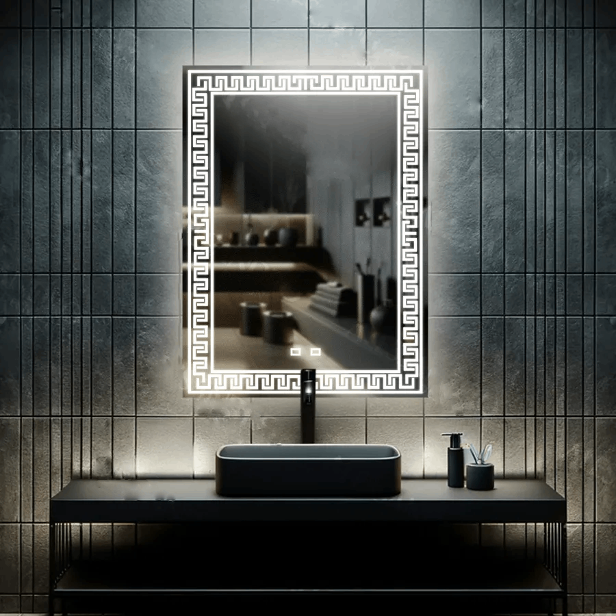 Oglinda LED 60x80 cm cu design abstract grecesc, lumina rece, control touch si sistem de dezaburire pentru bai moderne.
