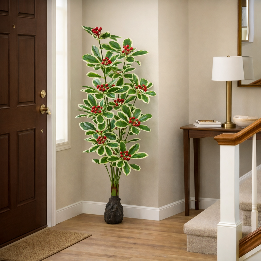 Copac artificial 110 cm frunze variegate cu fructe rosii in hol intrare decor modern compact elegant