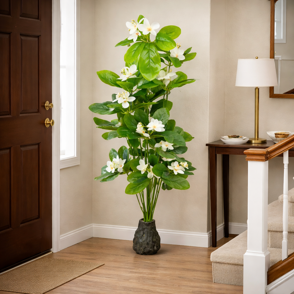 Copac artificial 110 cm flori magnolie albe in hol intrare decor elegant luminos frunze verzi lucioase