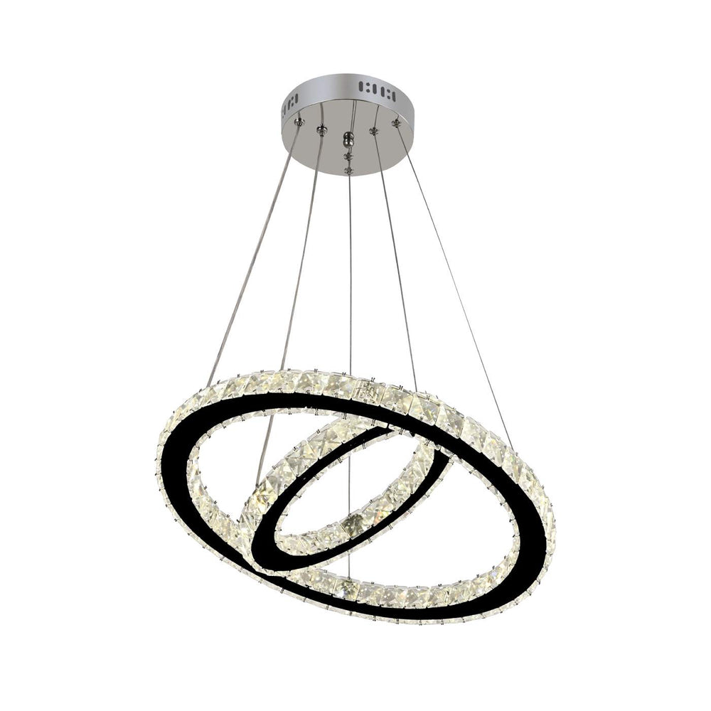 Lustra LED cristal 2 cercuri 80W cu telecomanda, design modern pentru living cu tavan inalt