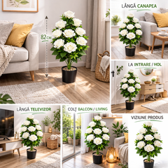 Planta artificiala cu trandafiri albi 82 cm in ghiveci negru, decor interior langa televizor in living