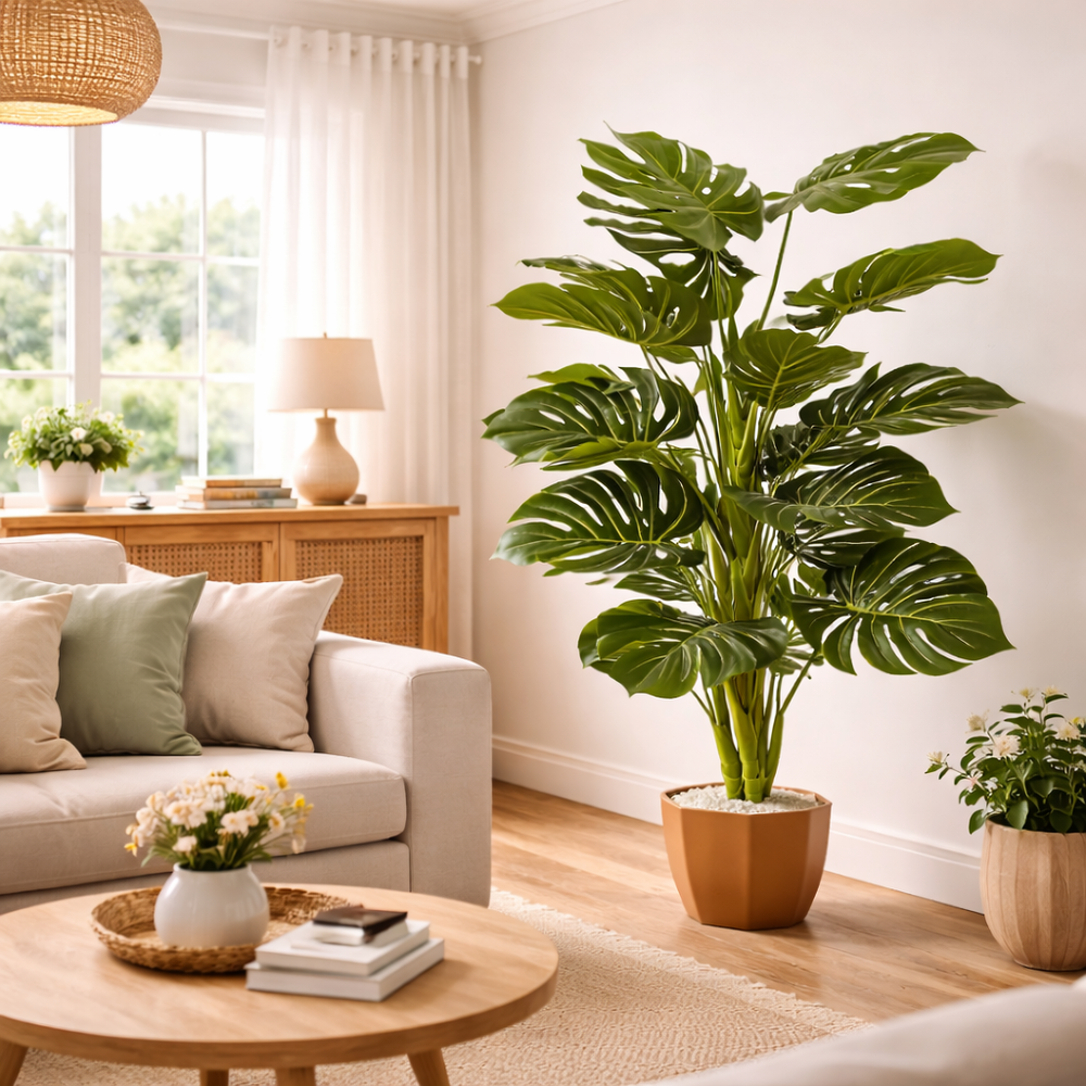 Planta artificiala Monstera 130cm cu frunze verzi realiste, decor modern pentru living sau colt de relaxare