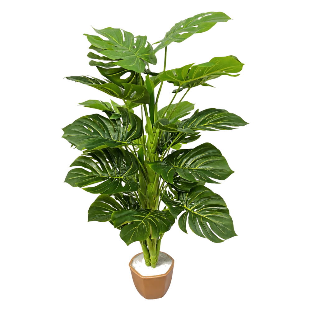 Planta artificiala Monstera 130cm cu frunze verzi mari in ghiveci, decor interior modern pentru casa sau birou
