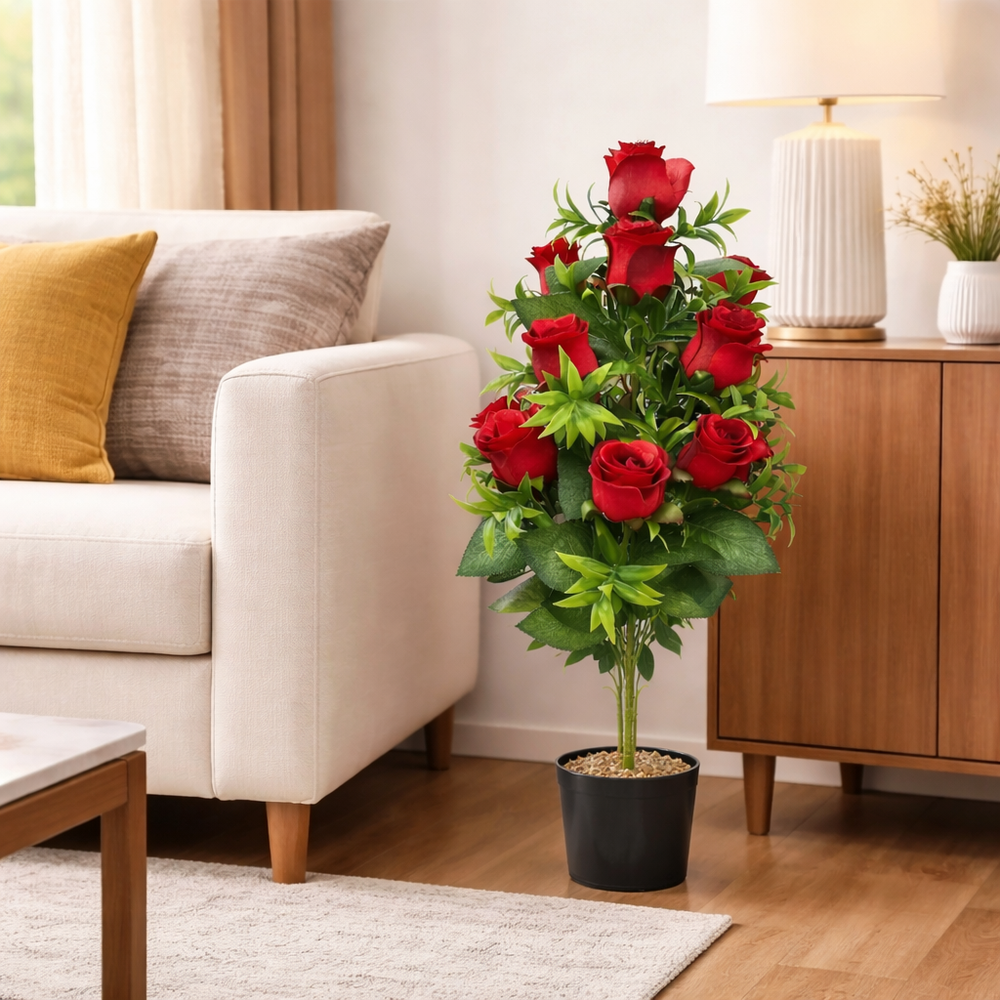Planta artificiala cu trandafiri rosii 82 cm in ghiveci negru, decor elegant asezata langa canapea in living modern