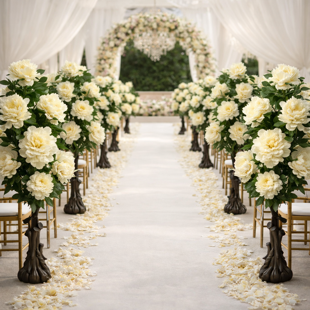 Copaci artificiali 140 cm bujori albi aliniati decor culoar nunta romantic elegant premium
