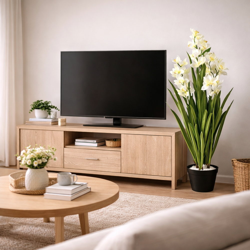 Planta artificiala orhidee alba 140cm cu frunze verzi decorative, decor elegant pentru living sau colt TV modern