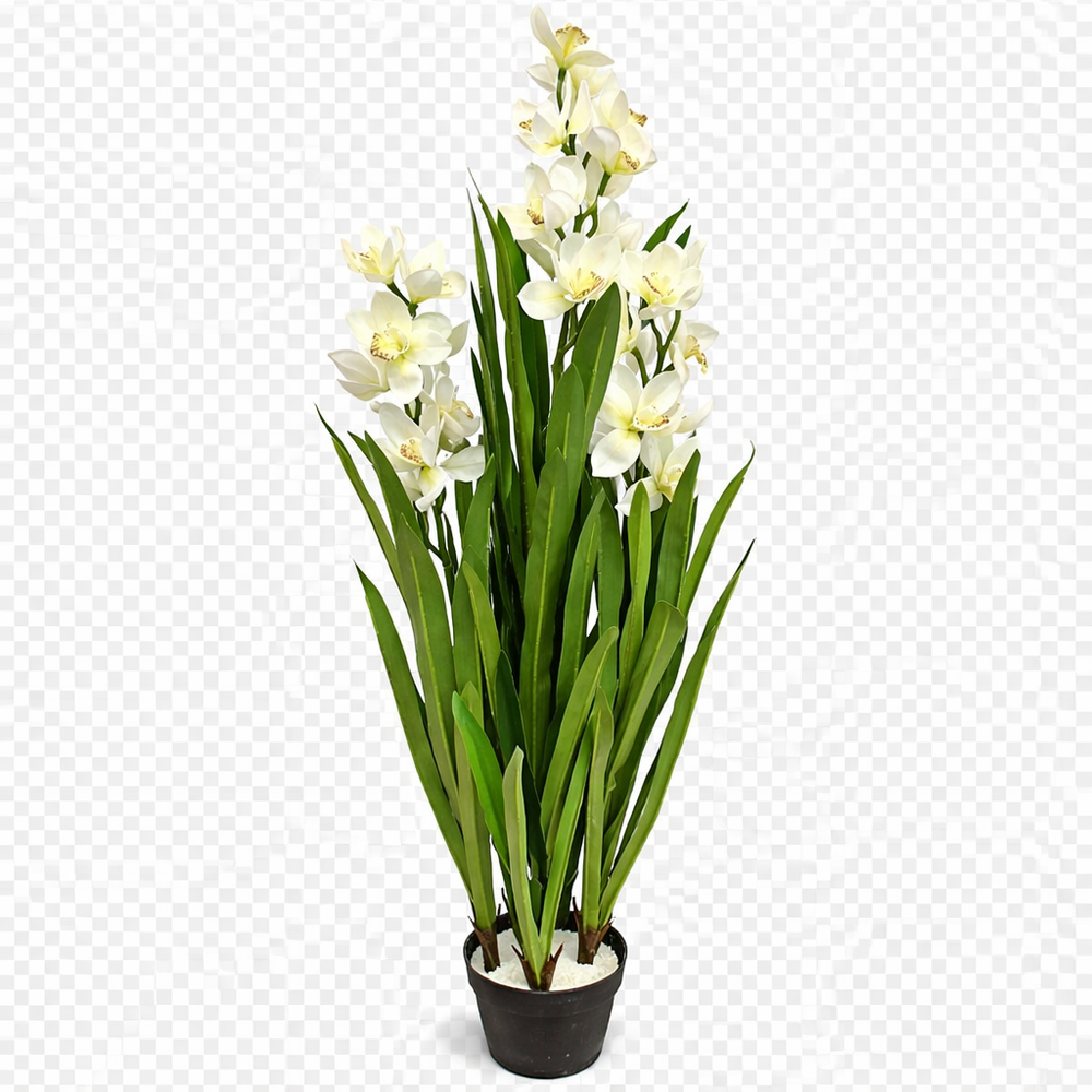 Planta artificiala orhidee alba 140cm cu frunze verzi realiste in ghiveci, decor interior modern pentru casa sau birou