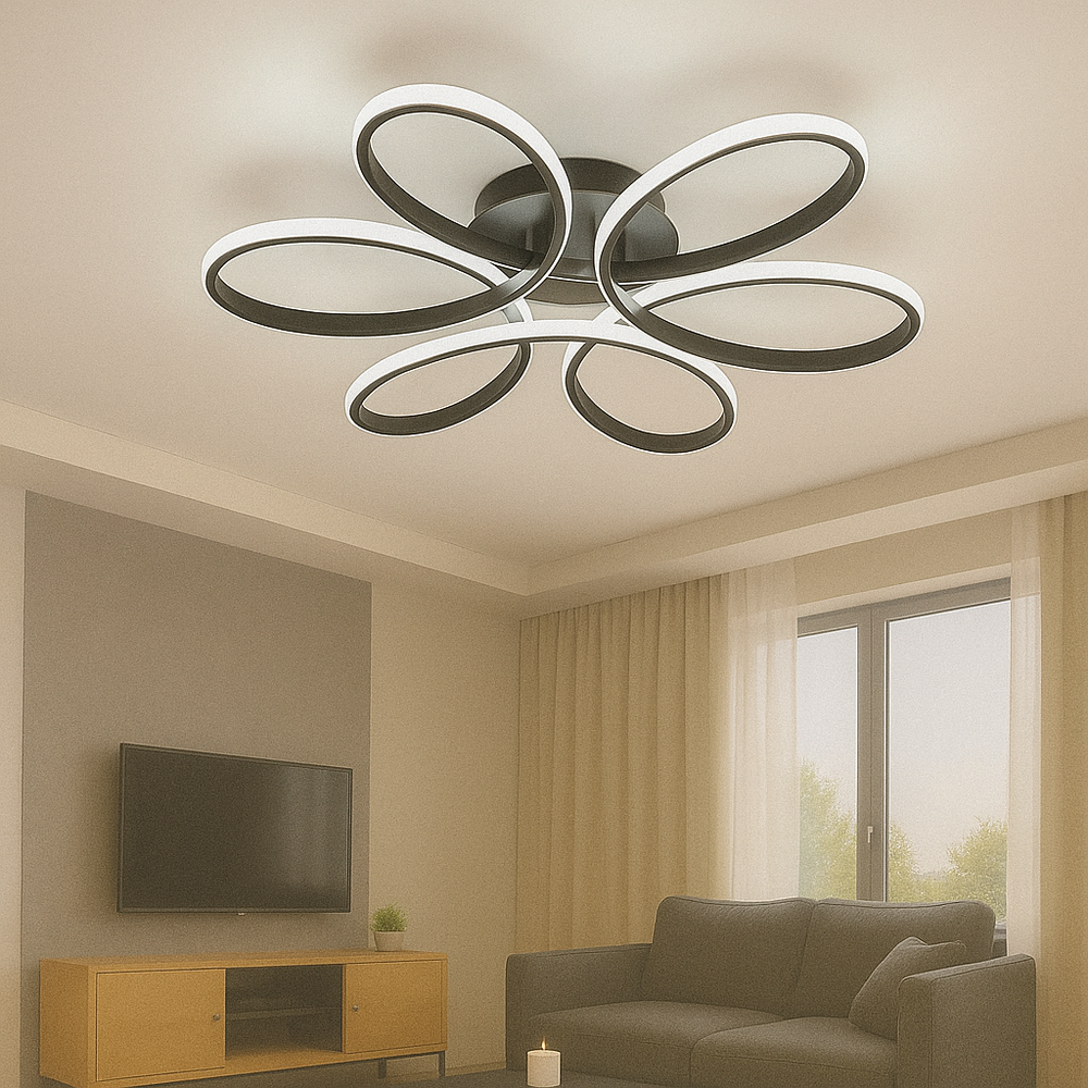 Lustra LED floral 120W neagra cu lumina reglabila 2800K-6500K si telecomanda, montata in living modern ca piesa decorativa centrala