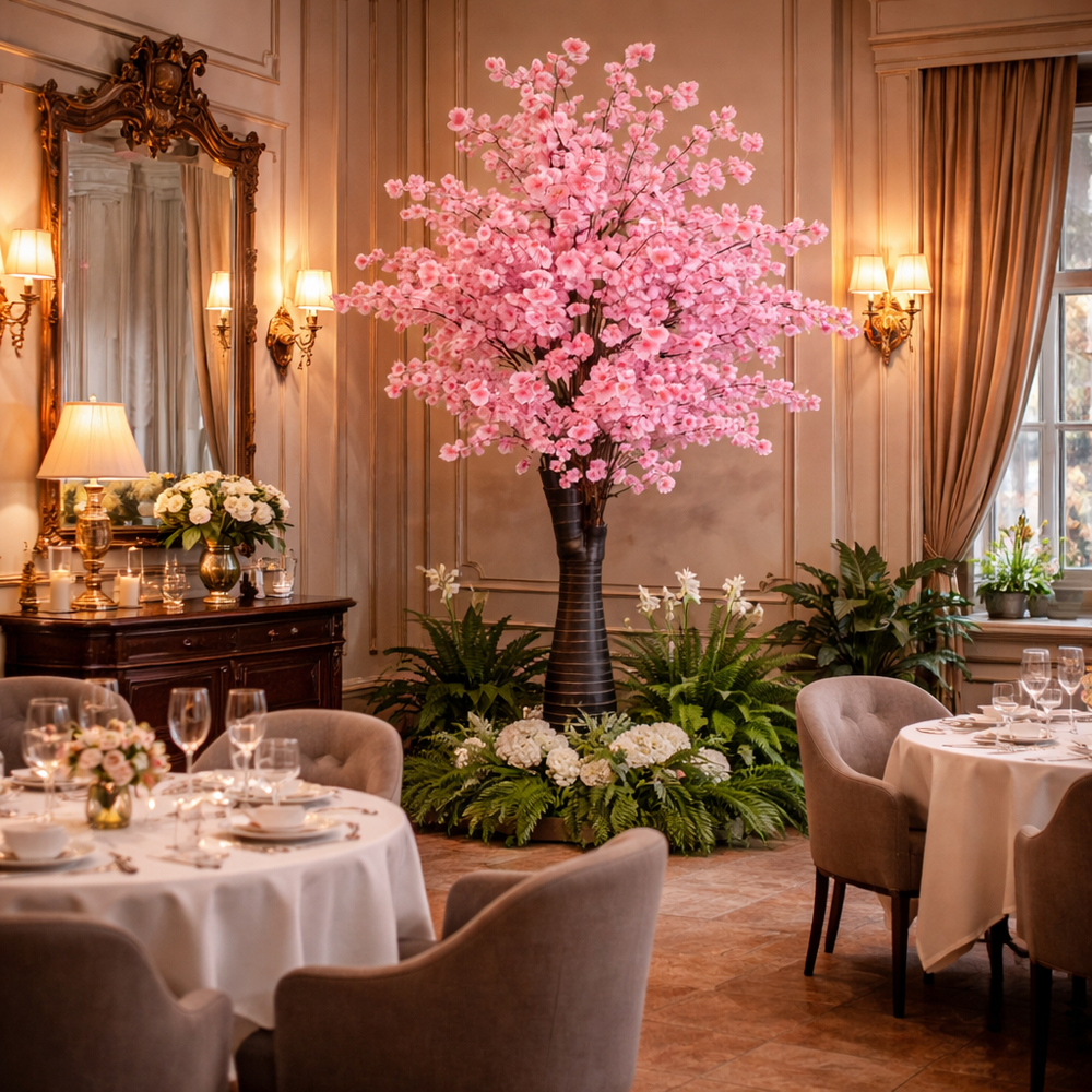 Copac artificial cires 170 cm cu flori mari roz in restaurant european elegant, decor rafinat cu plante verzi