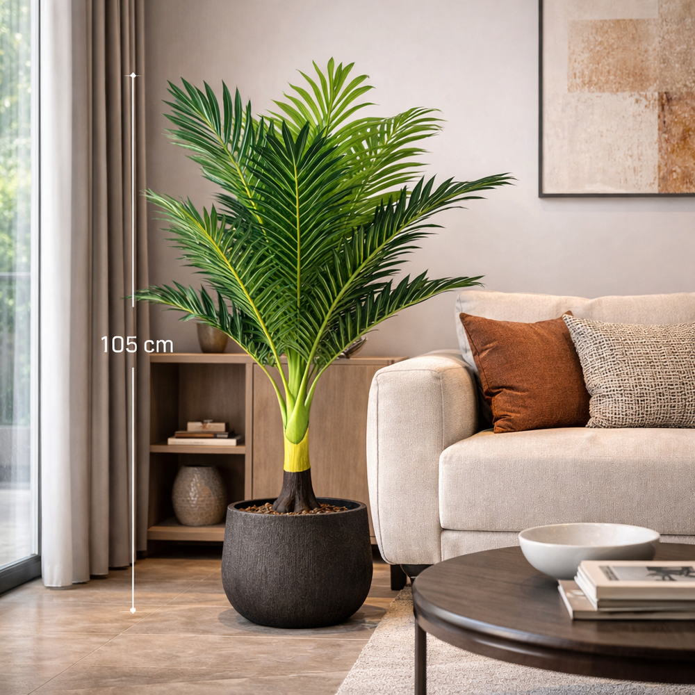 Planta artificiala decorativa tip palmier 105 cm amplasata langa canapea in living modern, planta decorativa verde pentru coltul camerei.