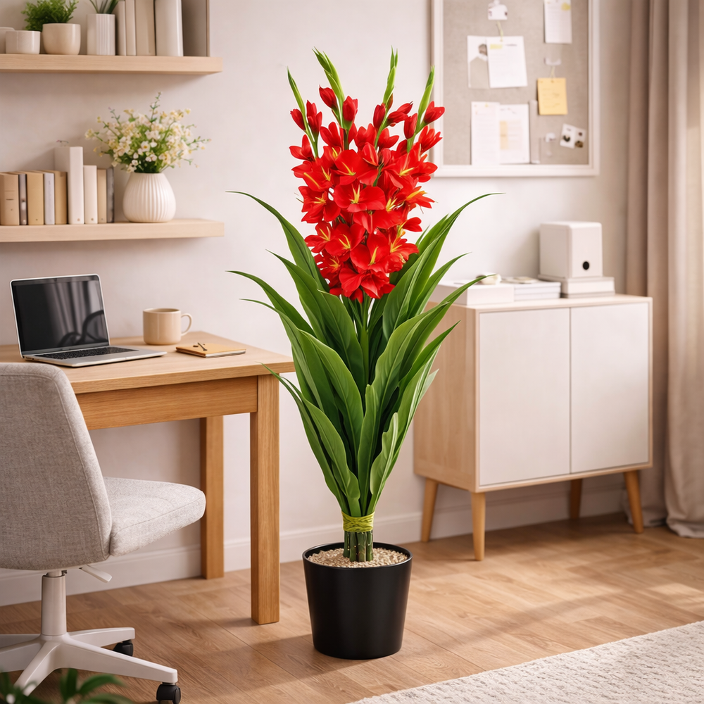 Planta artificiala cu gladiola rosie 110 cm in ghiveci negru, decor elegant pentru birou sau spatiu de lucru