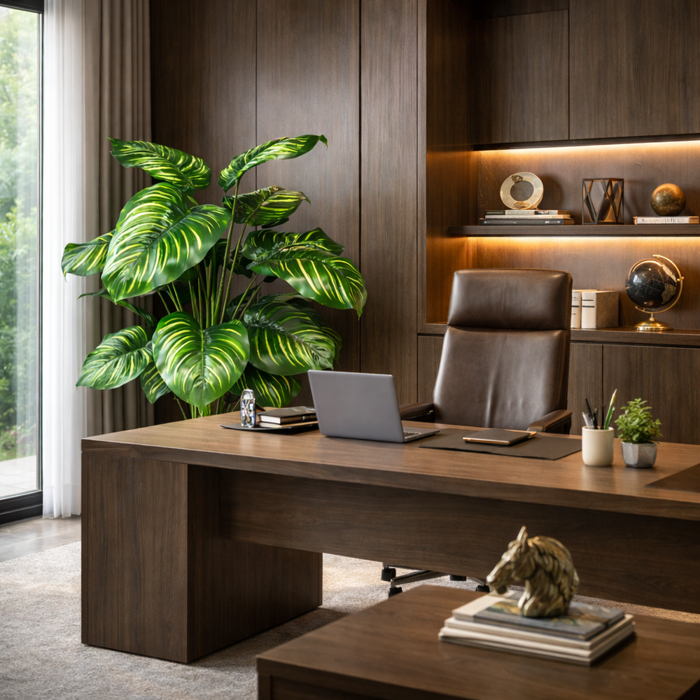 Planta artificiala decorativa cu frunze verzi tip calathea amplasata langa birou din lemn intr-un birou executiv modern, decor elegant pentru birou managerial.