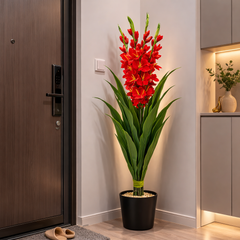 Planta artificiala cu gladiola rosie 110 cm in ghiveci negru, decor modern pentru intrare sau hol