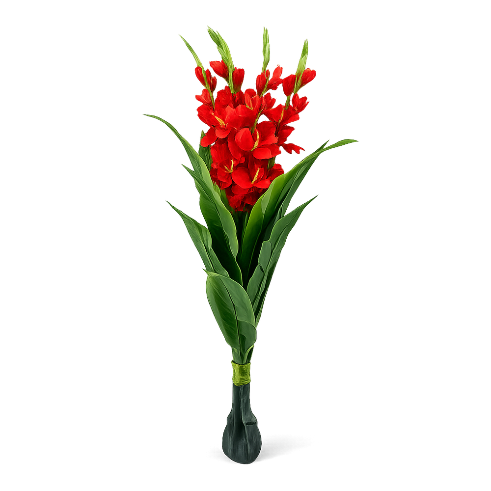 Planta artificiala cu gladiola rosie 110 cm in ghiveci negru, imagine produs decorativ pentru interior
