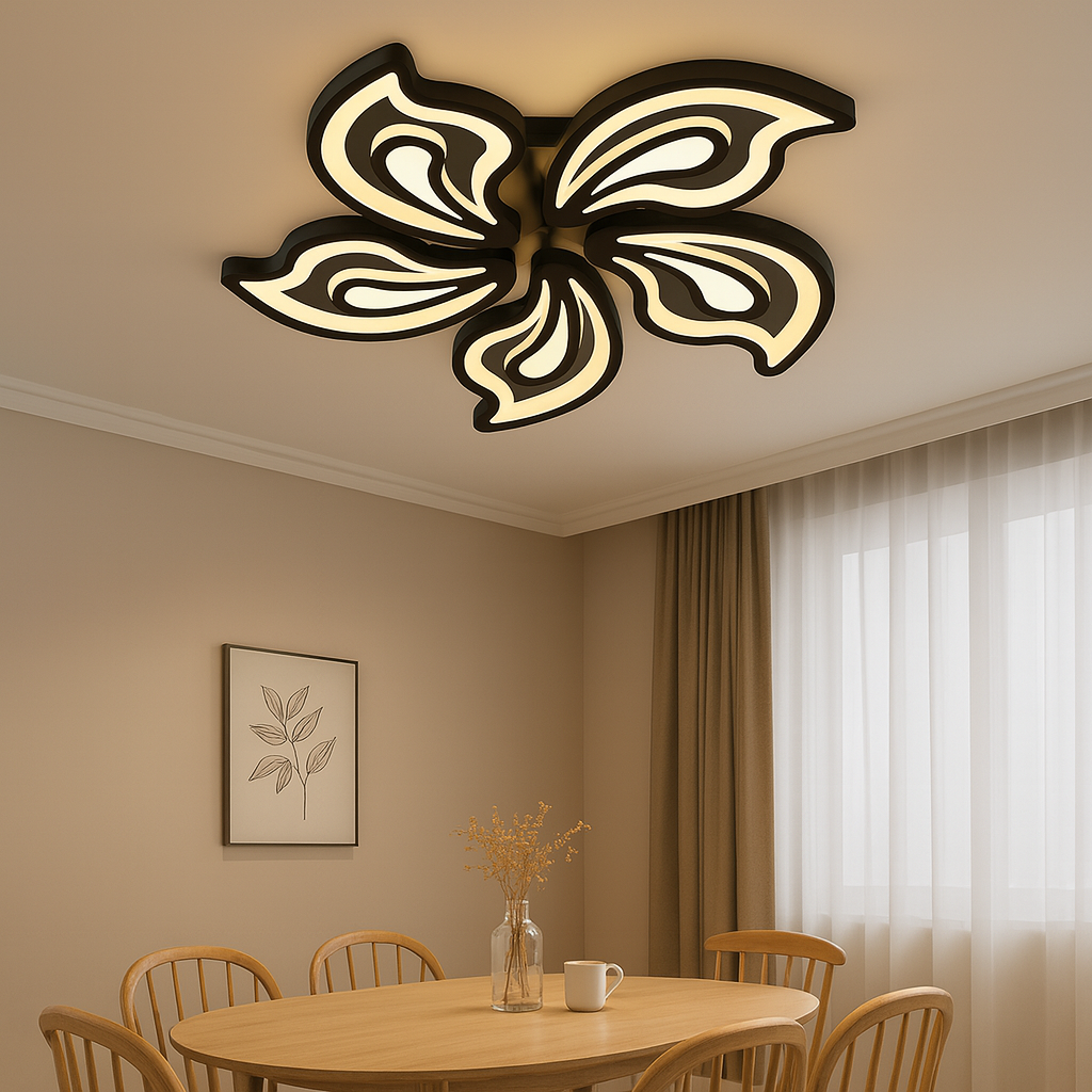 Lustra LED floral negru, forma petale, 150W, lumina reglabila cu telecomanda, scena dining elegant Ø690.